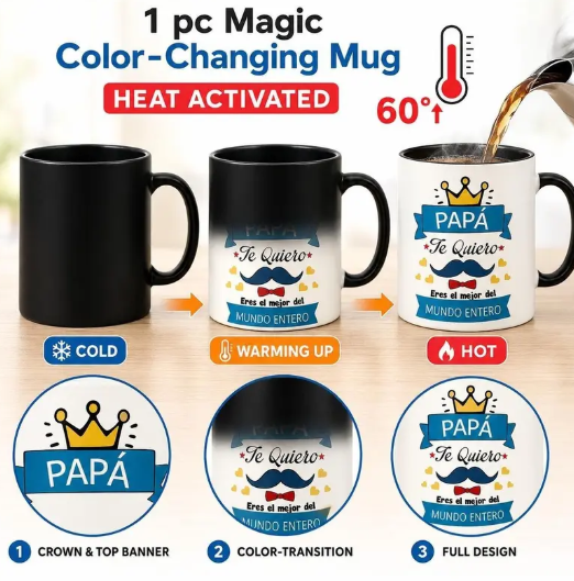 11oz Thermosensitive Ceramic Color Changing Mug, "Feliz Dia Papa" Printed Beverage Cup with Secret Heat Reveal Magic, Father's Day Dad Gifts from Son for Papá, Kitchenware Drinkware