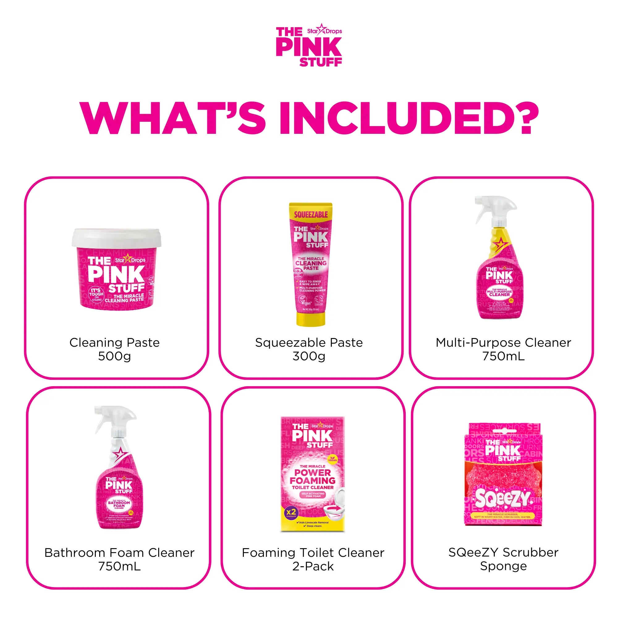 The Pink Stuff Total Home Essential Bundle - Cleaning Paste 500g, Squeezable Cleaning Paste 300g, Multi Purpose Spray 750ml, Bathroom Foam Spray 750ml, Foaming Toilet Powder 2 Pack, SQeeZY Sponge for Full Home Coverage